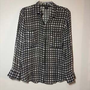 Club Monaco Black & White Plaid Sheer Silk Button Down Shirt Blouse Size S/P